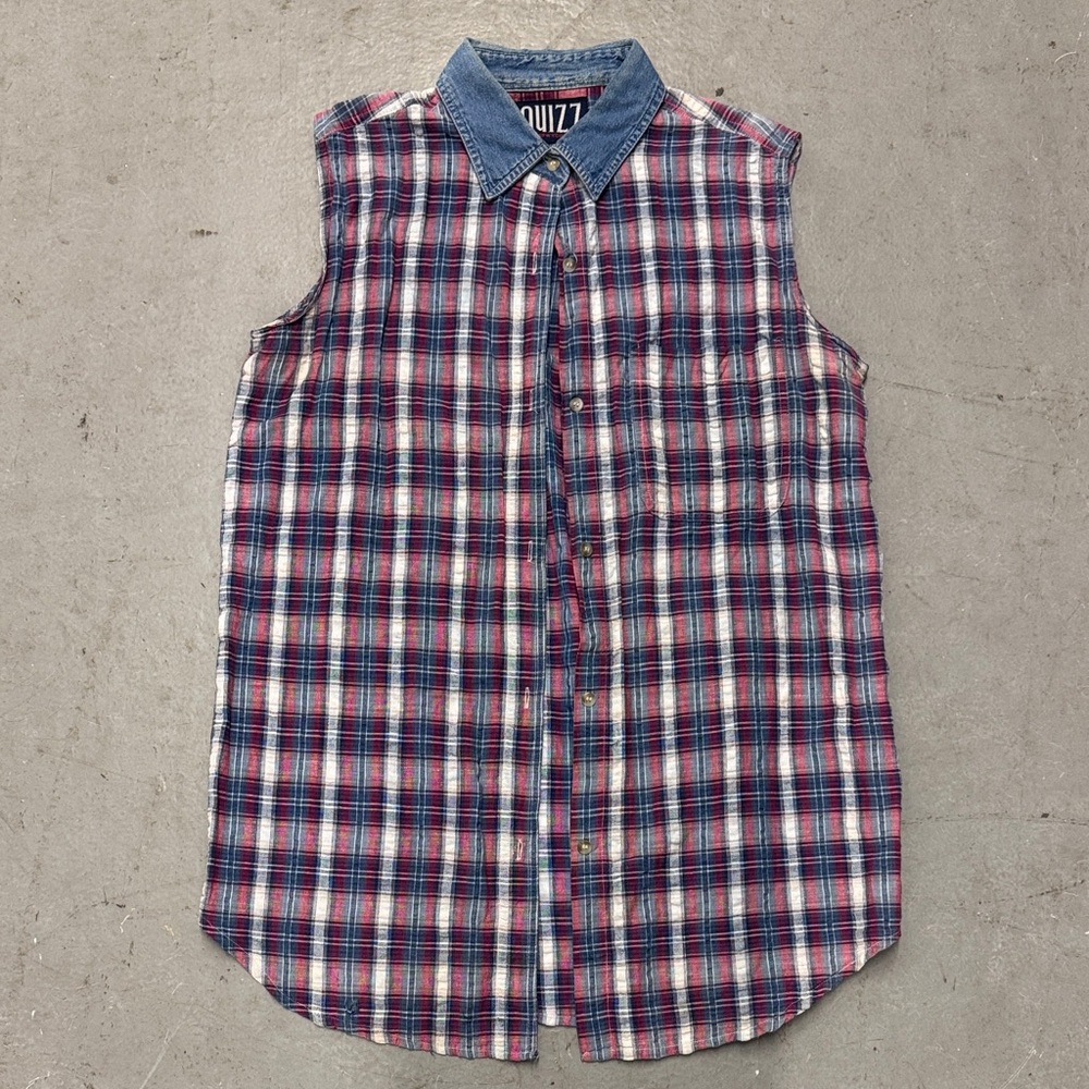 Vintage Plaid Sleeveless Shirt with Denim Collar